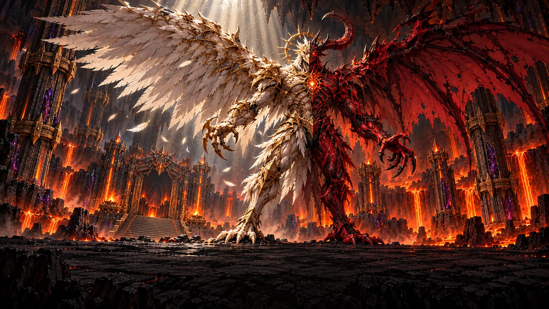 O Xinoqs, anjo e demônio fundidos, diante do portão de Hell